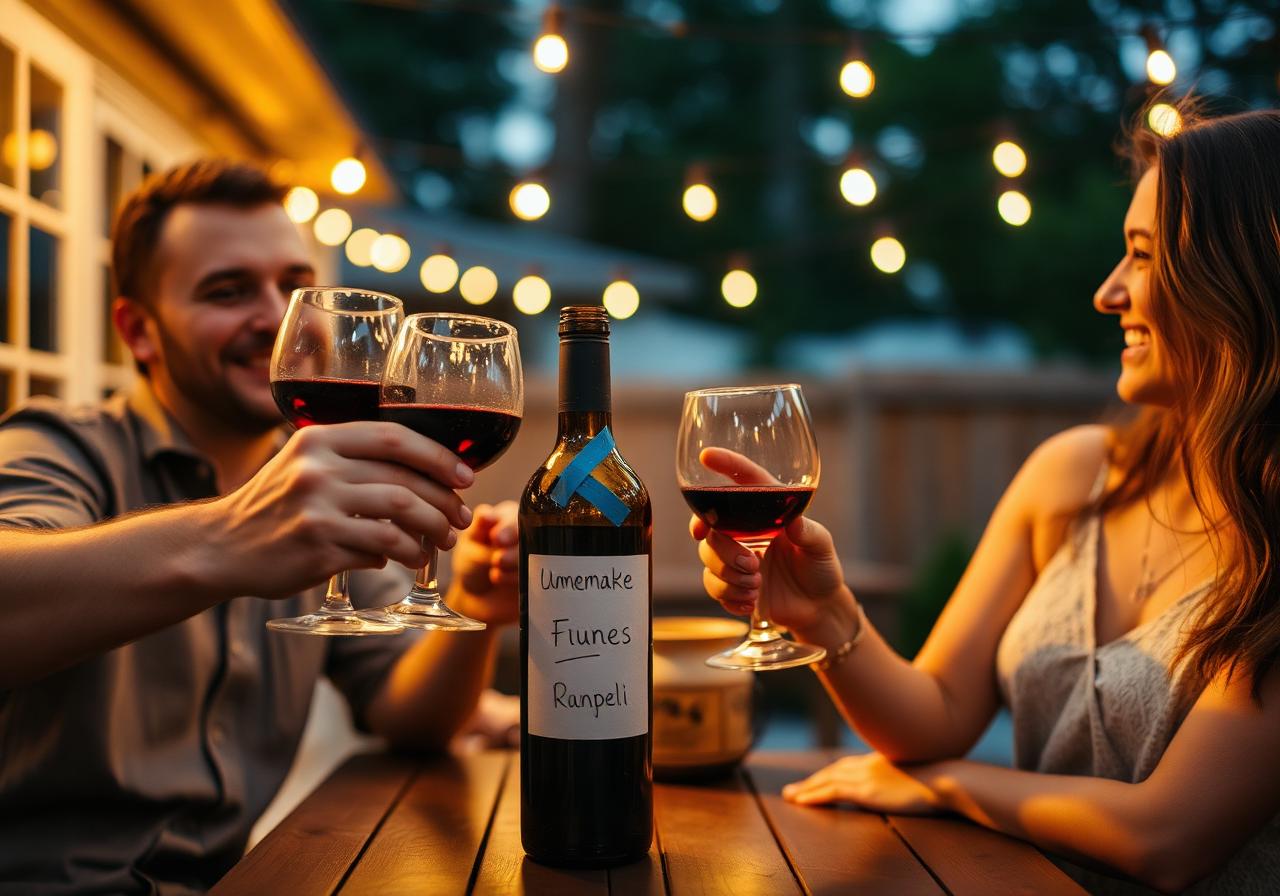 Two friends toasting with glasses of homemade wine on a back patio at golden hour