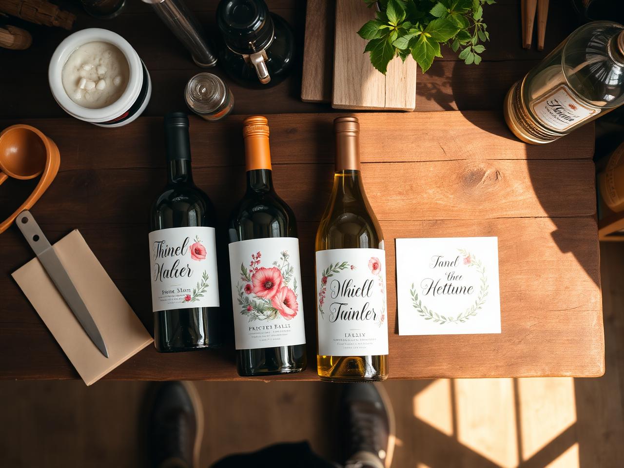 Hand-illustrated custom wine labels with watercolor florals and calligraphy