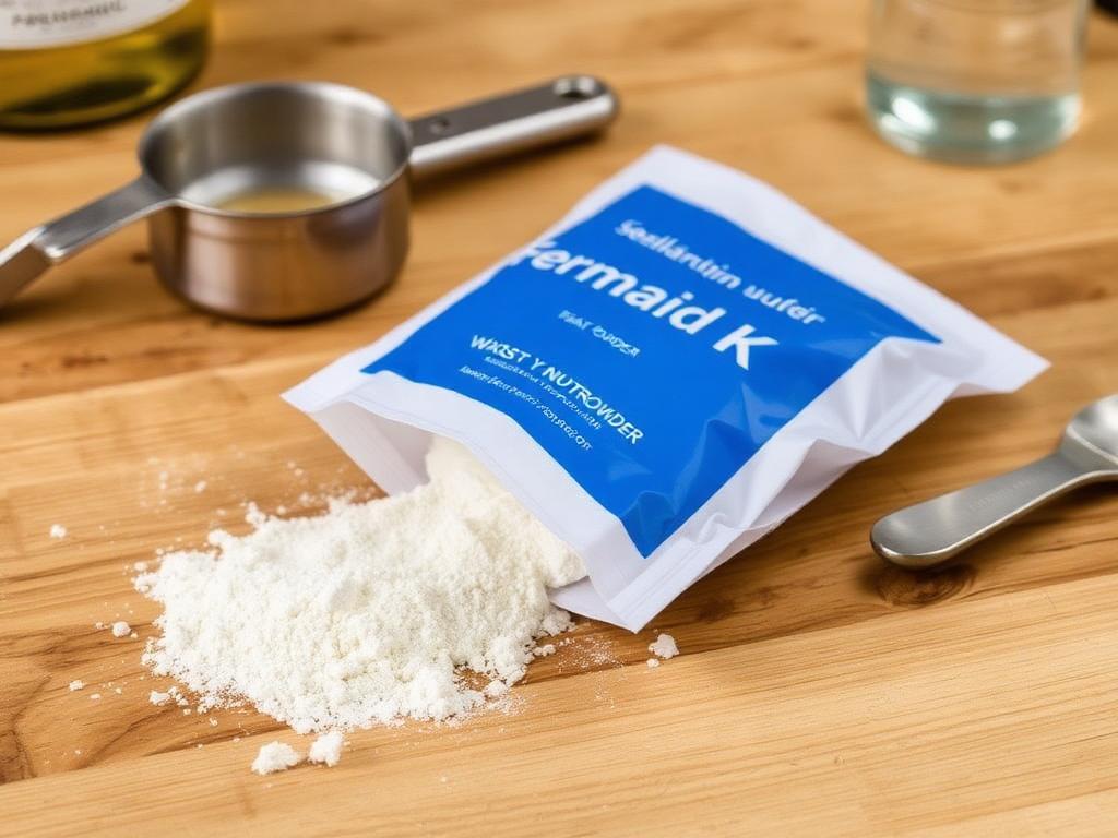 A small jar of Fermaid-K yeast nutrient powder with a measuring spoon
