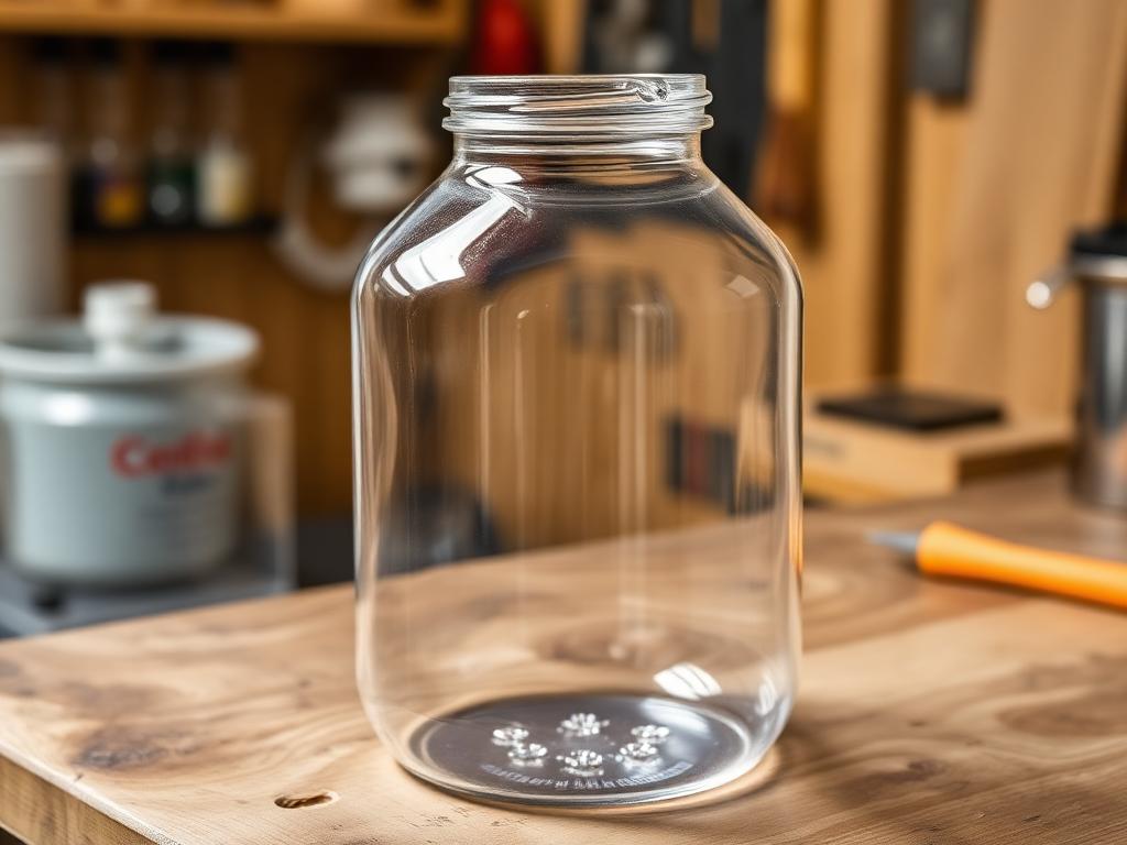 A clear PET plastic Fermonster carboy with wide-mouth lid on a wooden workbench