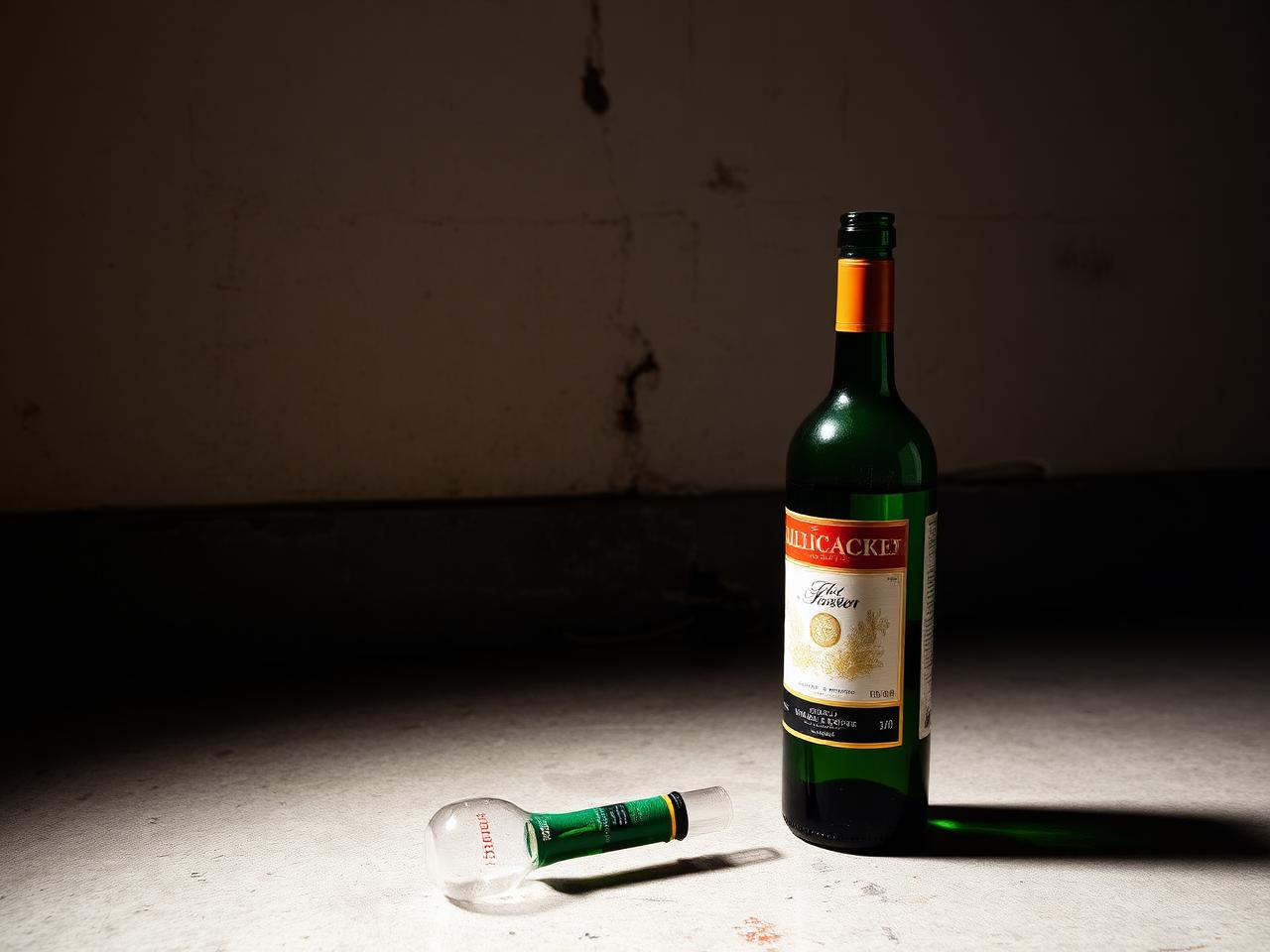 A red floor corker standing on a basement concrete floor next to a green wine bottle, dramatic side light