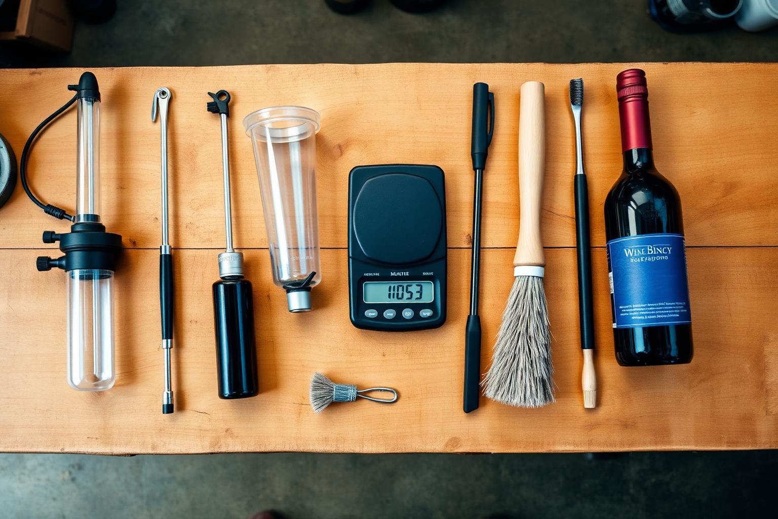 Top-down flat lay of five essential home winemaking tools on a wooden workbench: an auto-siphon, a floor corker, a digital scale, a wine thief, and a heavy-duty bottle brush