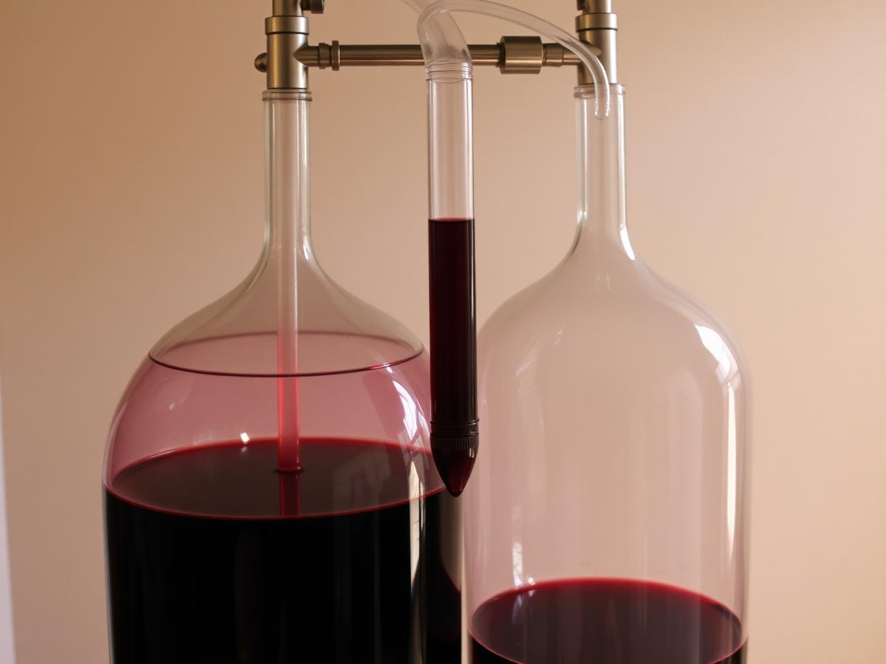 An auto-siphon transferring red wine between two glass carboys, gravity-fed, basement workshop