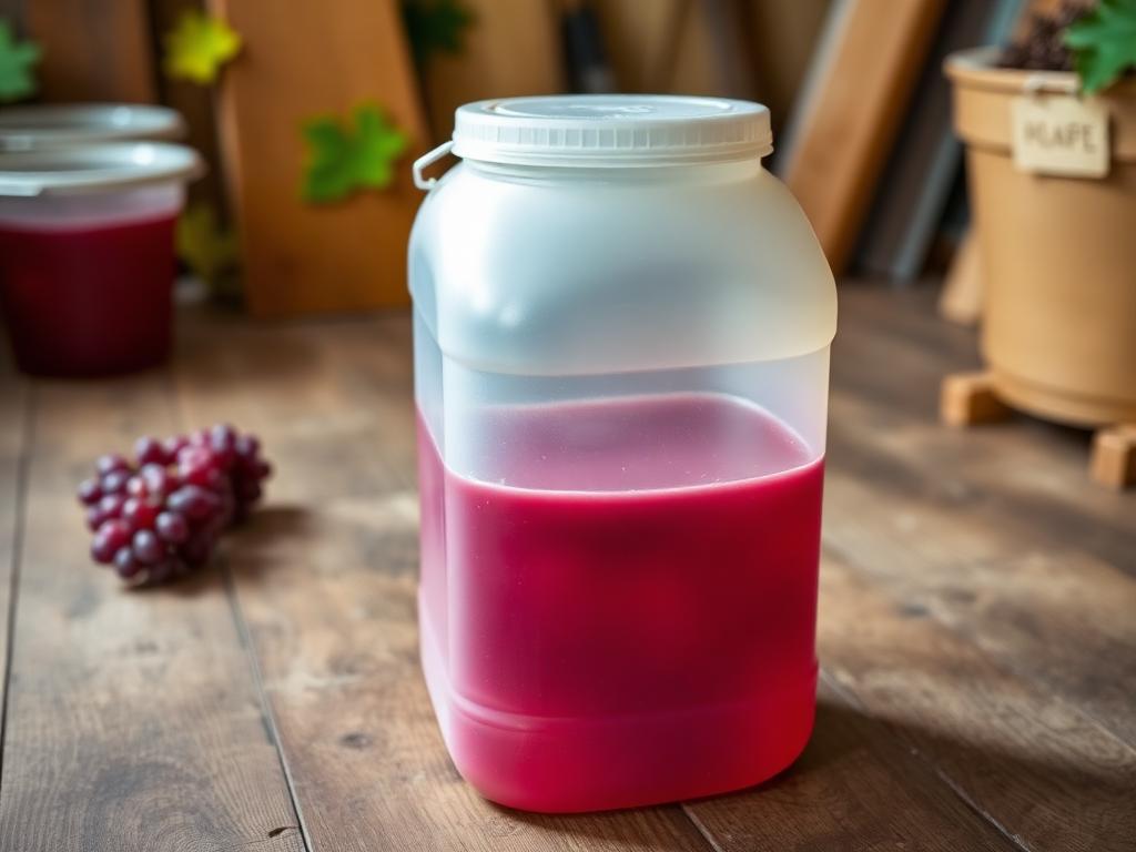 A 6-gallon plastic pail of fresh red grape juice on a wooden floor