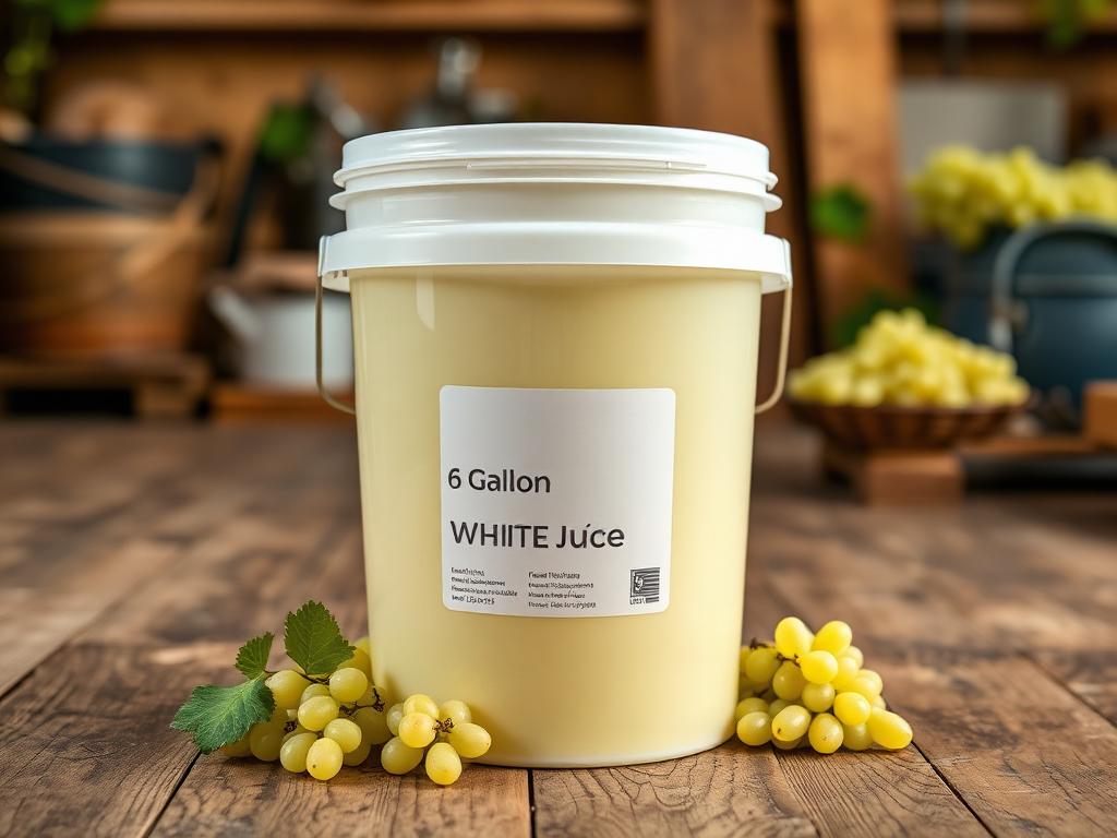 A 6-gallon white plastic pail of fresh white grape juice with green grapes
