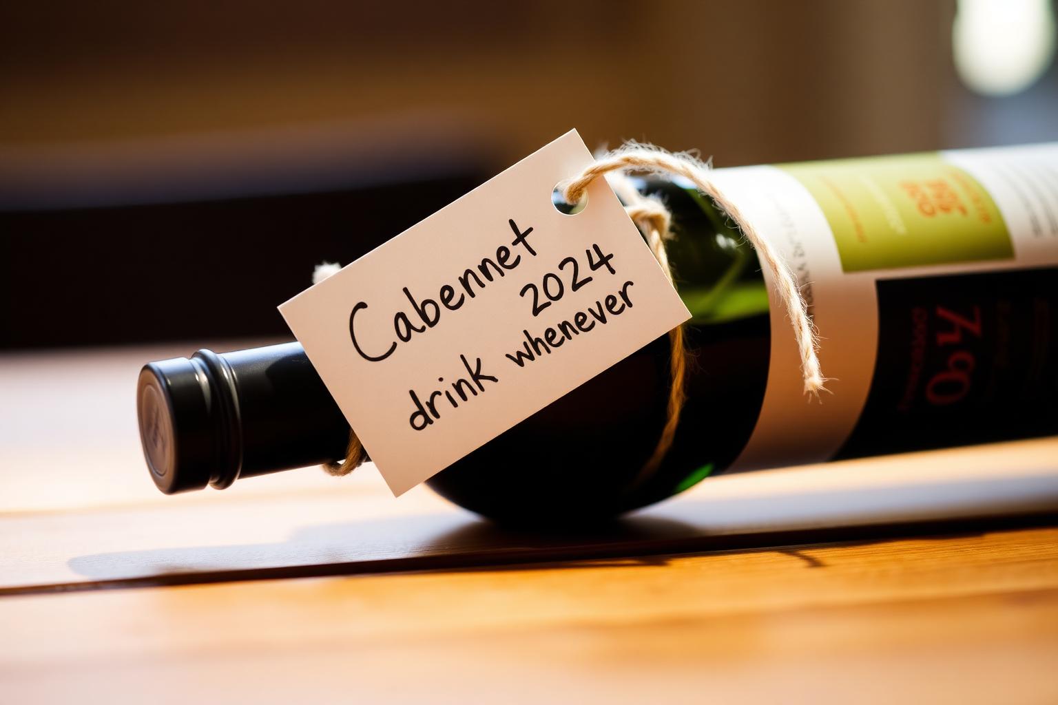 A small handwritten tag tied to a homemade wine bottle that reads Cabernet 2024, drink whenever.