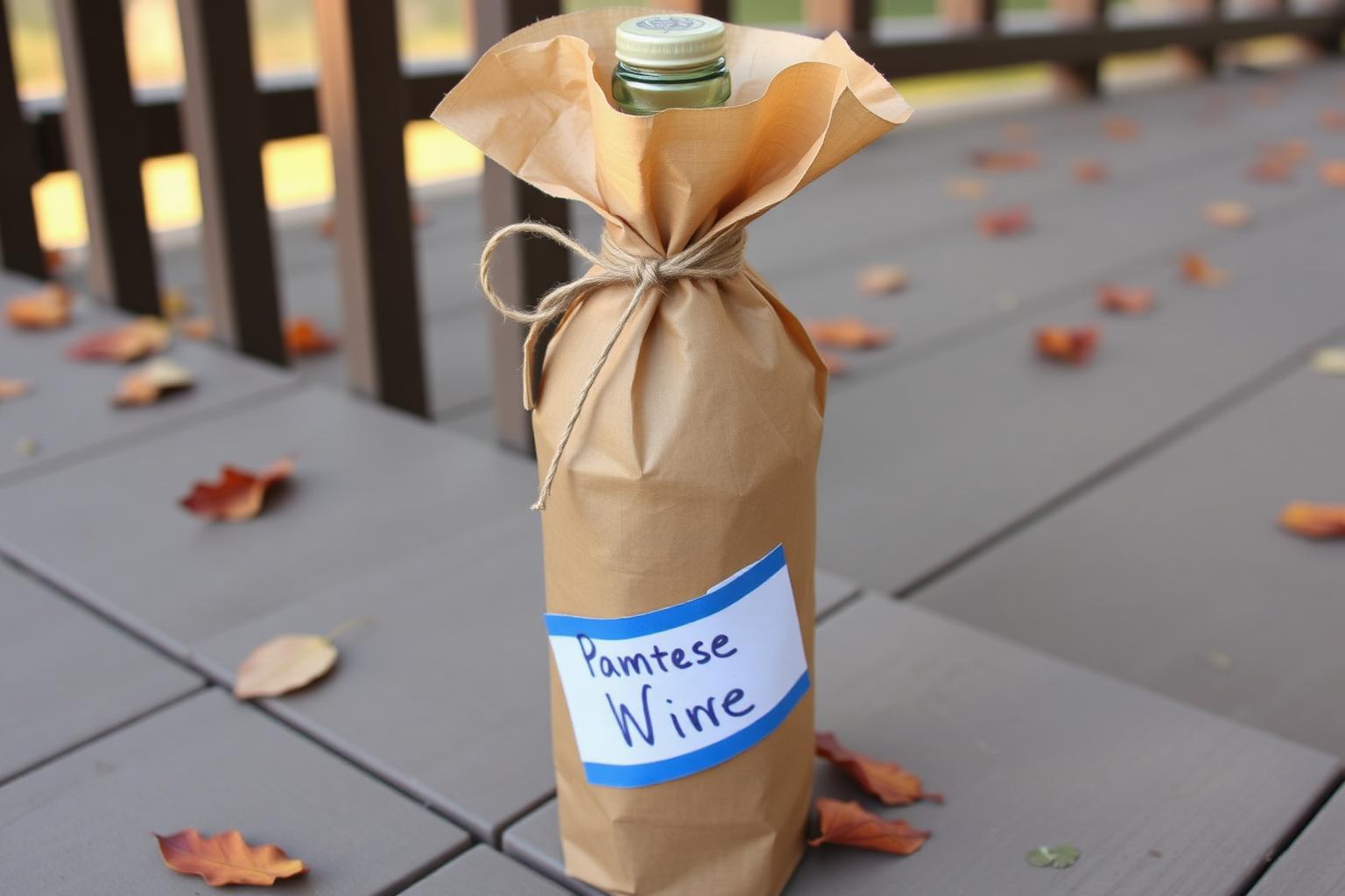 A homemade wine bottle wrapped in brown kraft paper and twine with a blue tape label, on a wooden porch with autumn leaves.