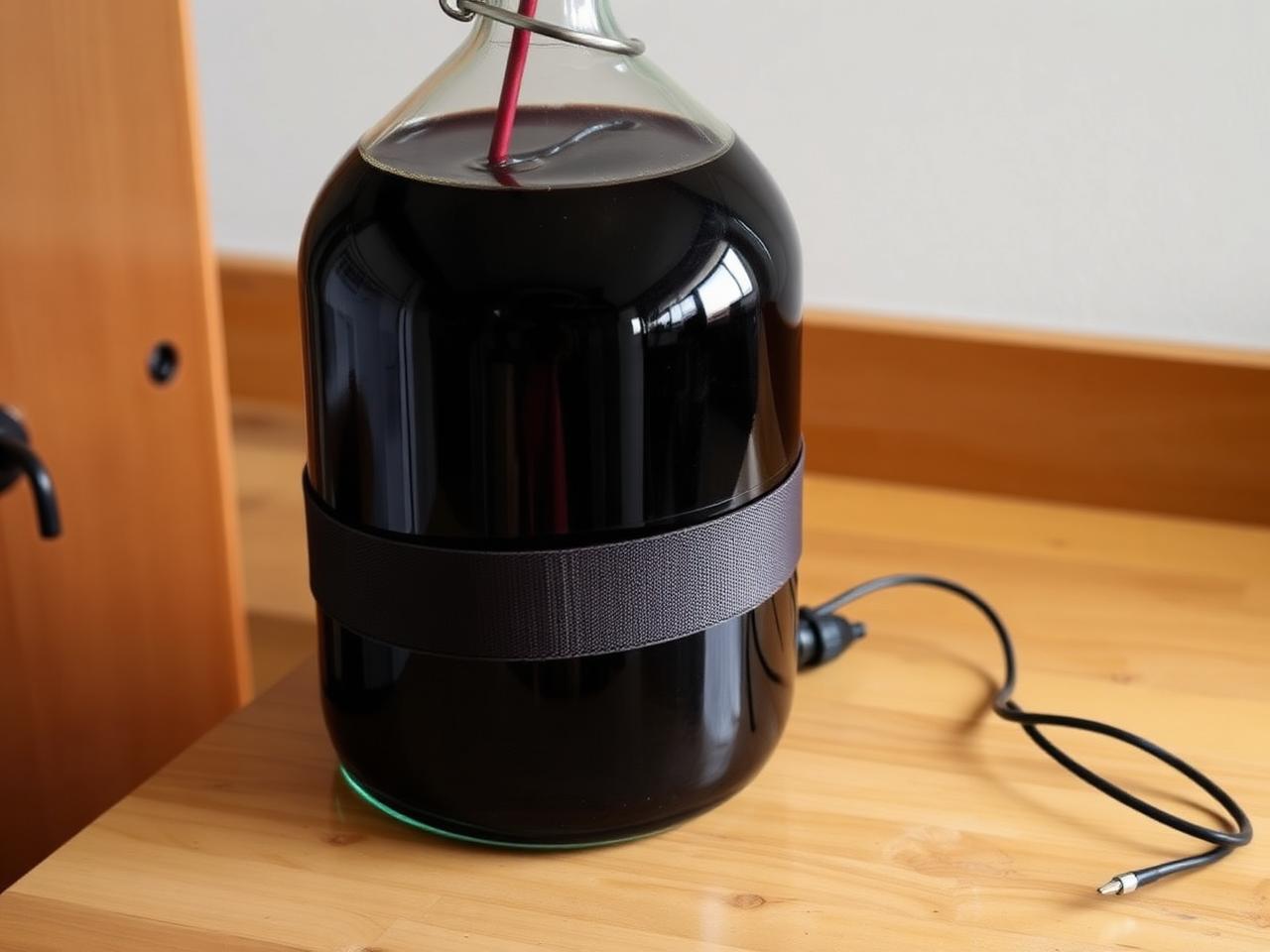 An electric heating belt wrapped around a glass carboy of dark fermenting wine
