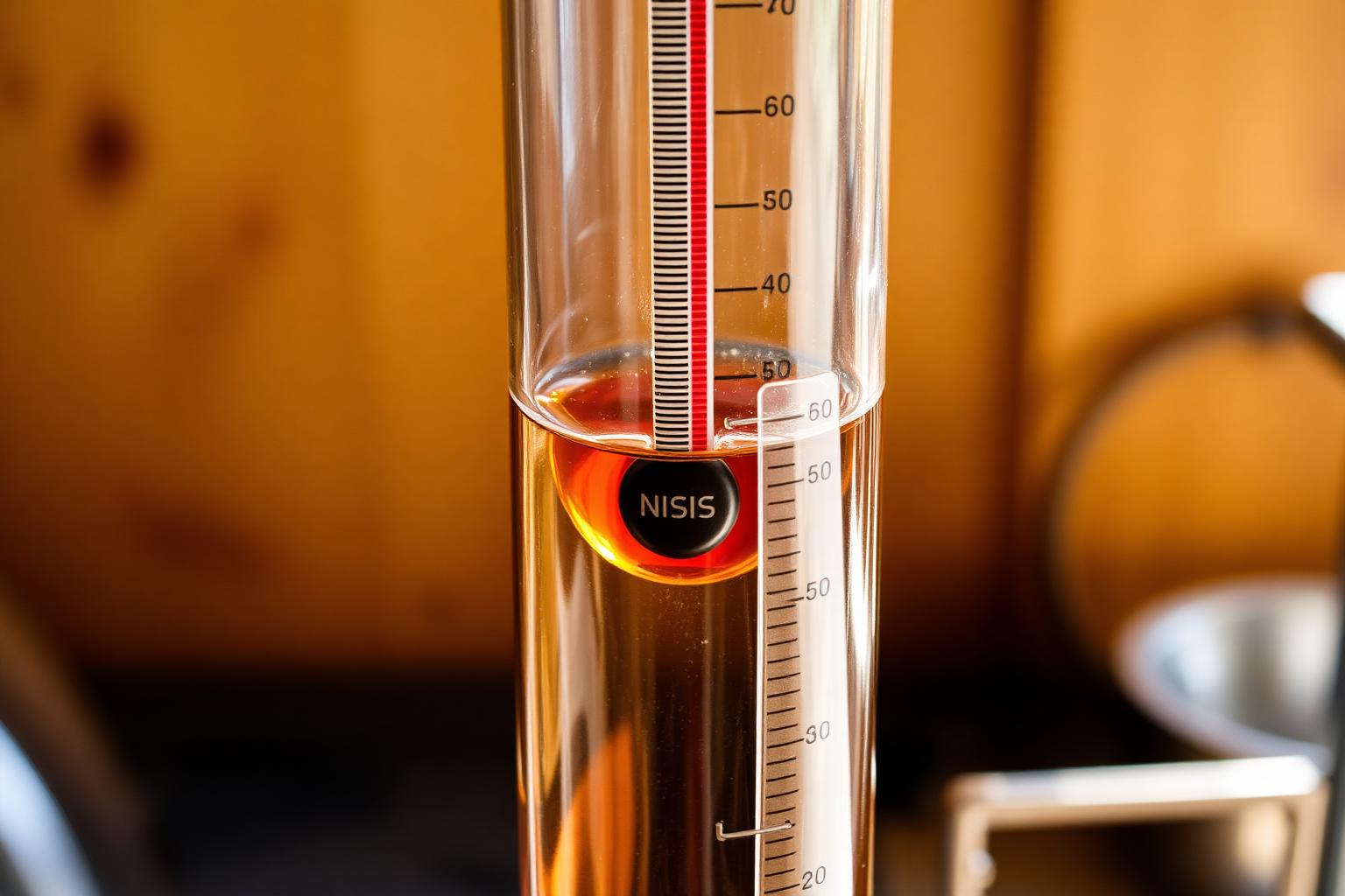 Close-up of a glass hydrometer floating in a tall test cylinder of amber wine must on a wooden workbench, scale visible at the meniscus