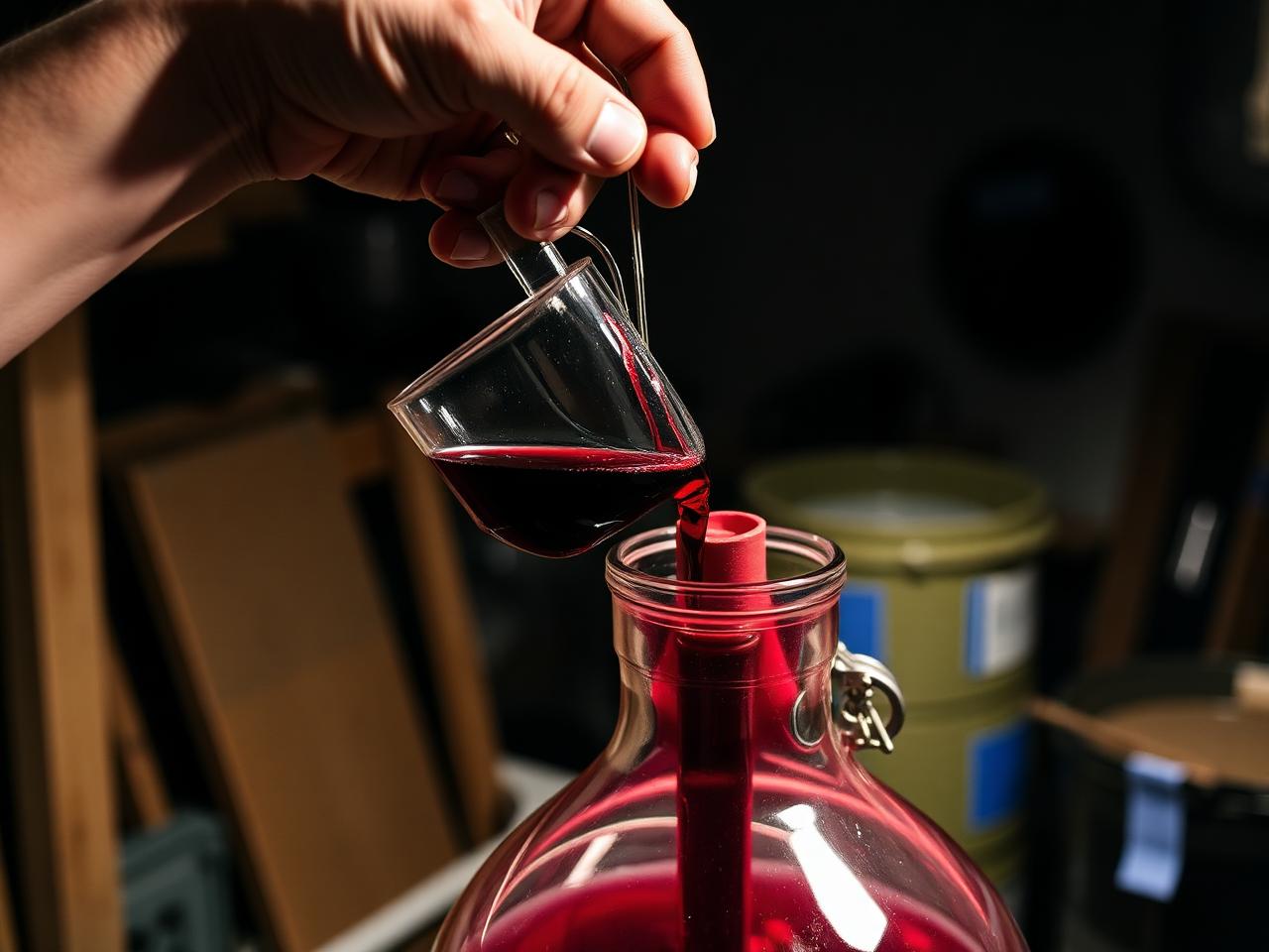 Hand drawing a sample of red wine from a glass carboy using a clear plastic wine thief in a basement workshop