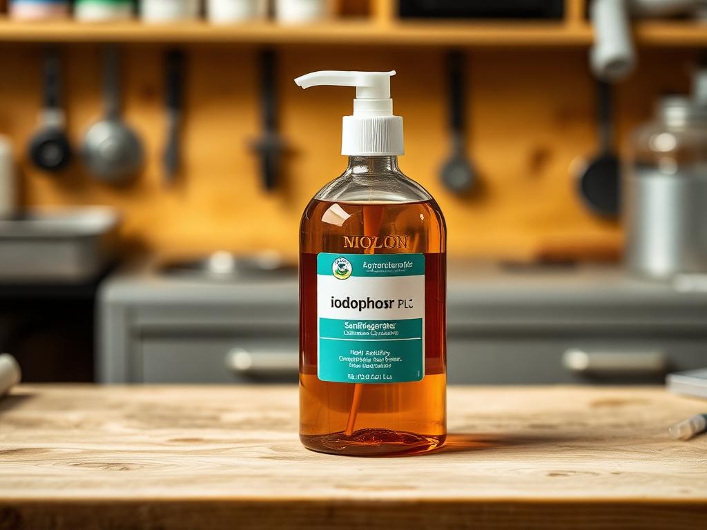 A bottle of iodophor sanitizer beside an amber-tinted spray bottle on a counter