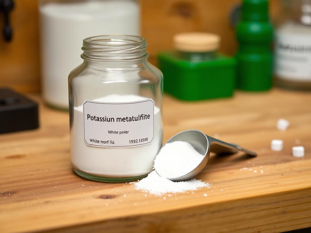 A jar of white potassium metabisulfite powder next to a small scale