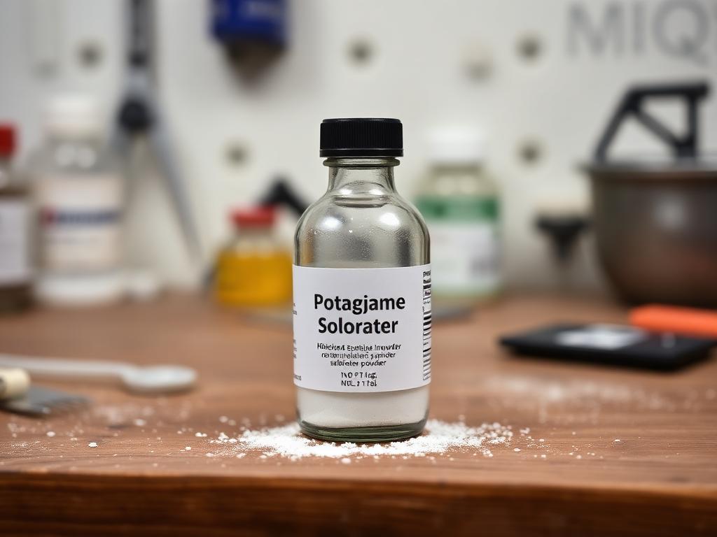 A small bag of potassium sorbate powder next to a jar of homemade fruit wine