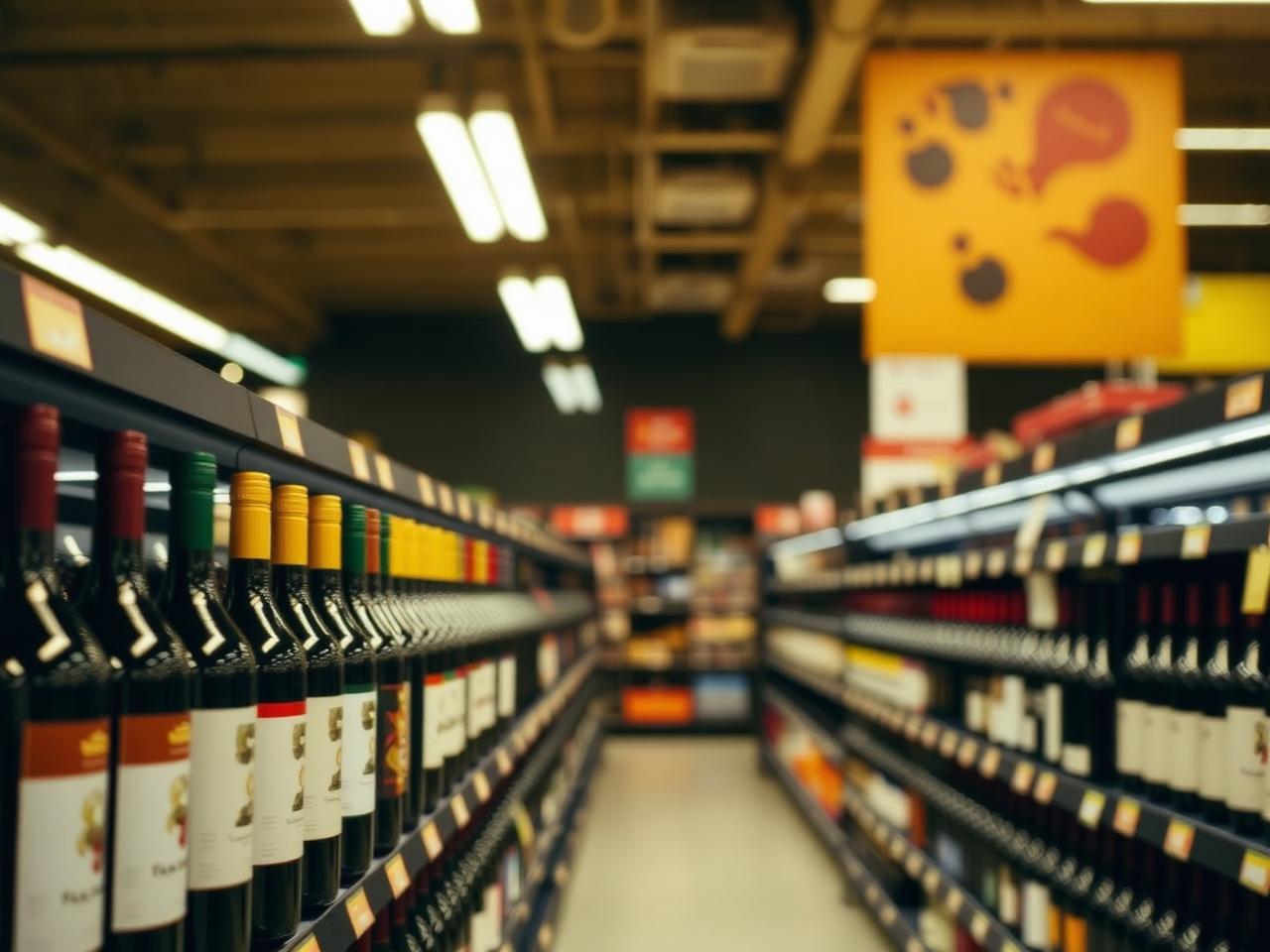Slightly out-of-focus shot of a grocery store wine aisle with rows of mass-market wine bottles under fluorescent light