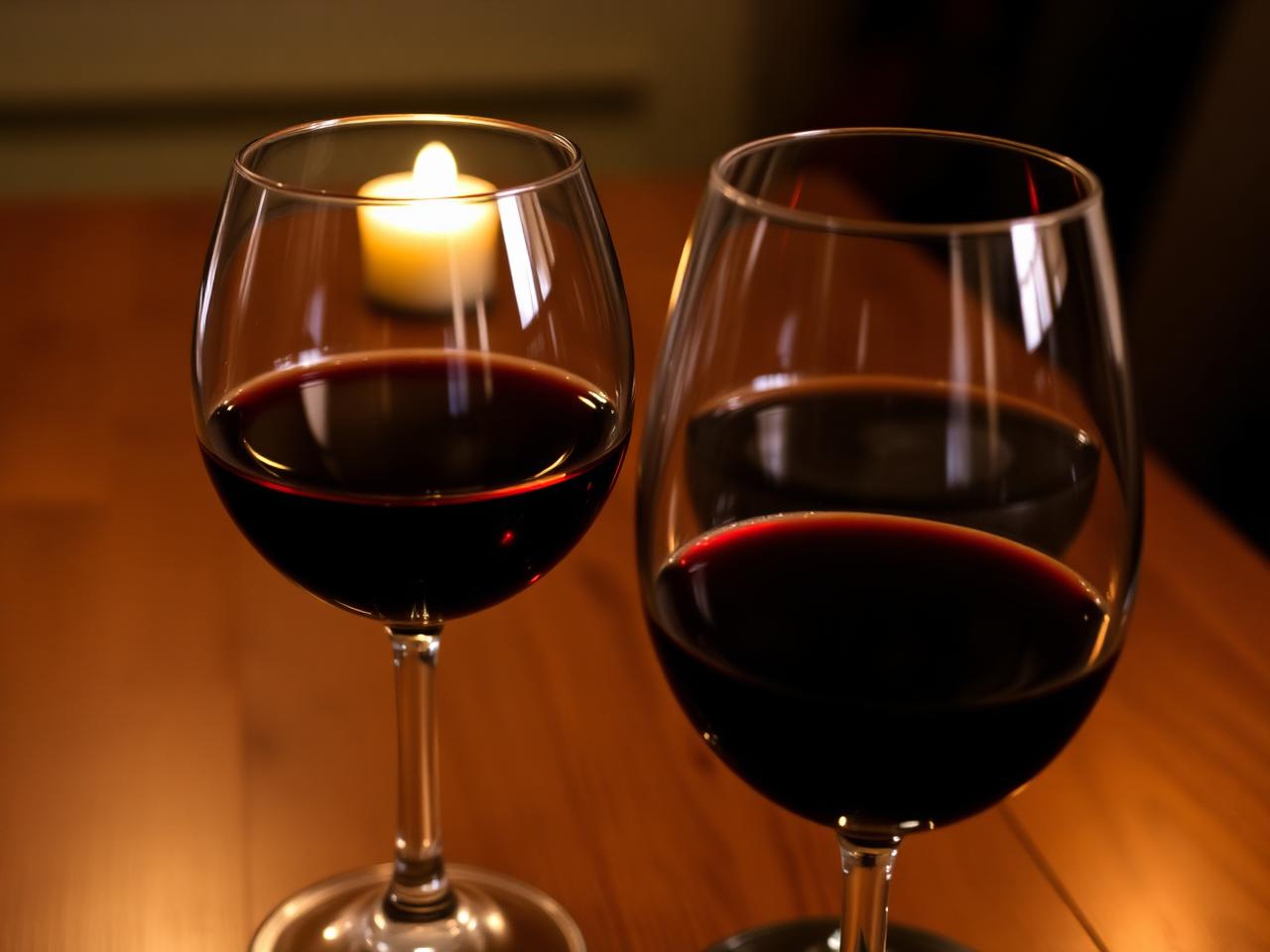 Two wine glasses side by side on a wooden table, both filled with red wine, candlelight, intimate atmosphere