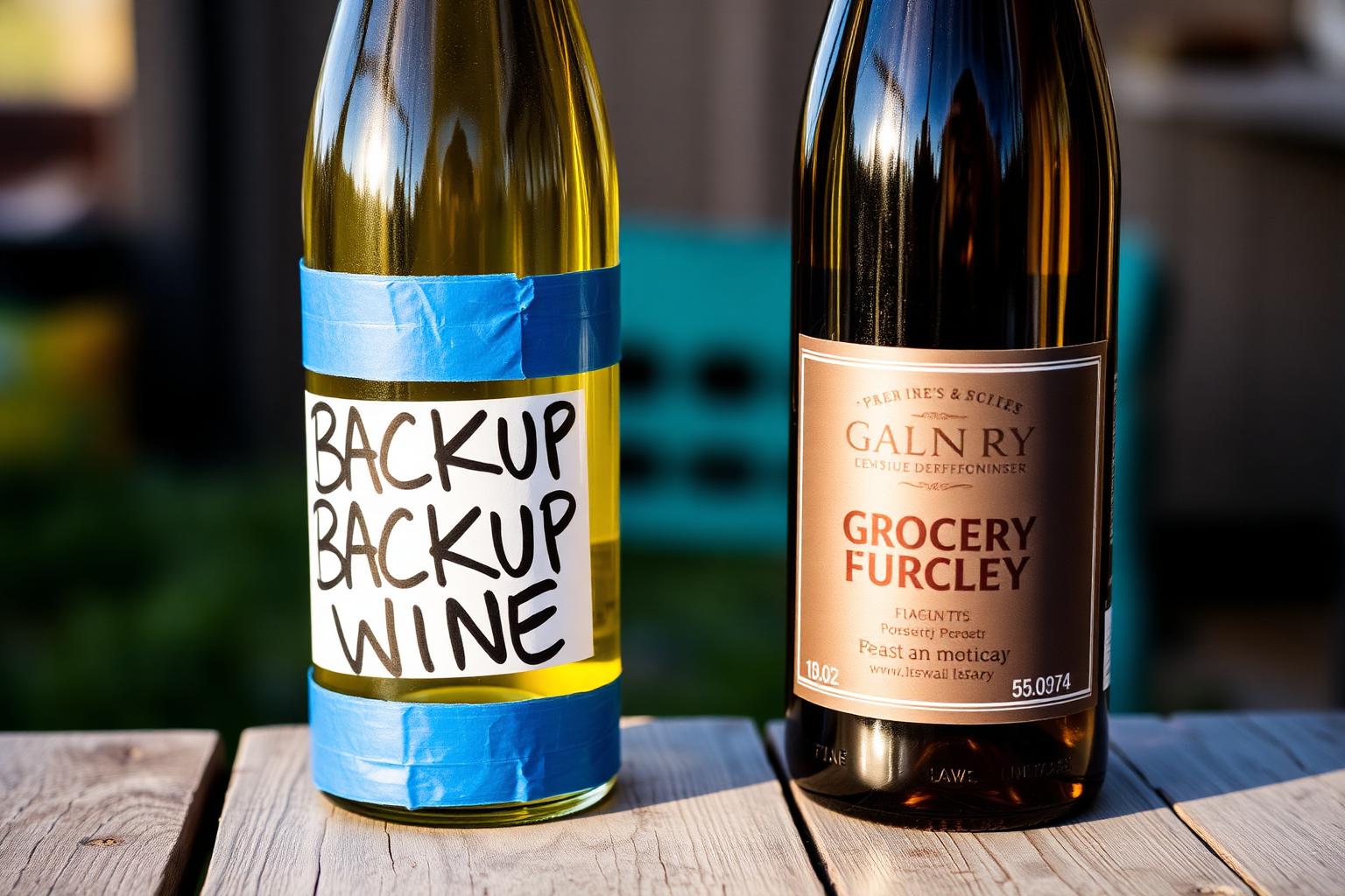 Two wine bottles side by side on a rustic wooden table — one homemade with a blue painters tape label that reads BACKUP WINE in sharpie, the other a glossy mass-market grocery store bottle