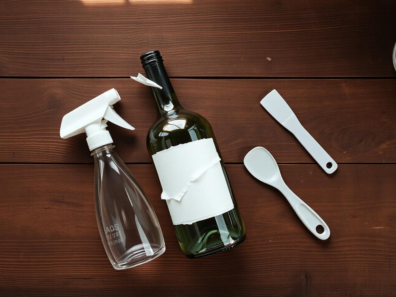 A spray bottle of label remover next to a half-peeled wine bottle and a plastic scraper