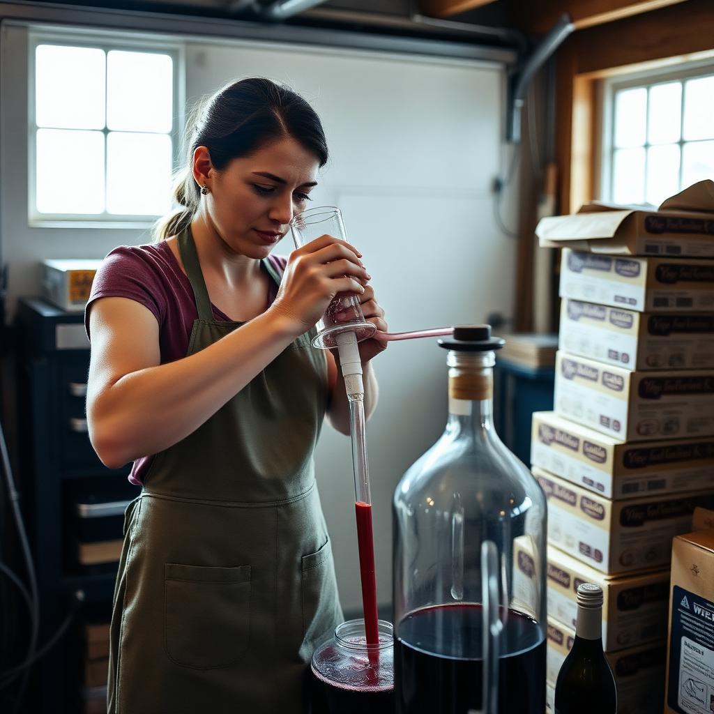 A member racking red wine from one carboy to another in her garage workshop