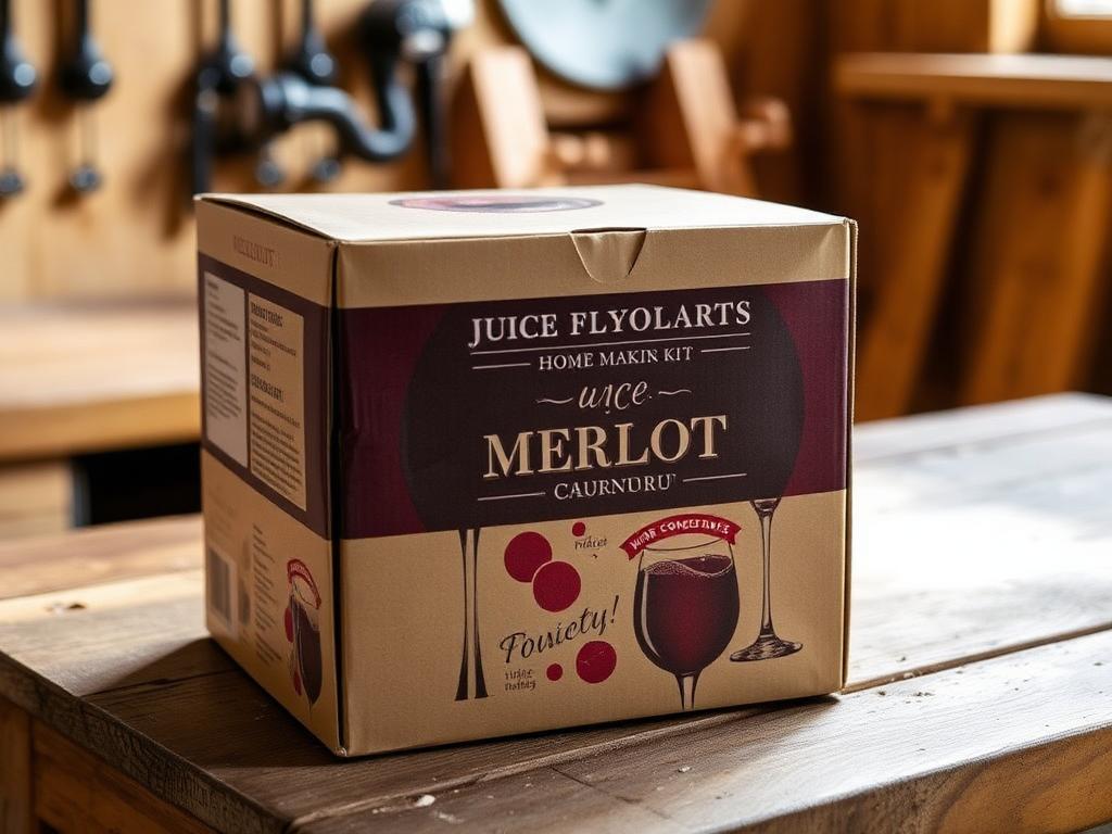 A boxed Merlot home wine making kit on a rustic workbench