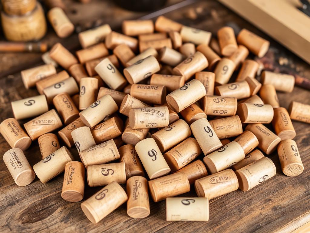A pile of natural agglomerated wine corks spilled on a wooden surface