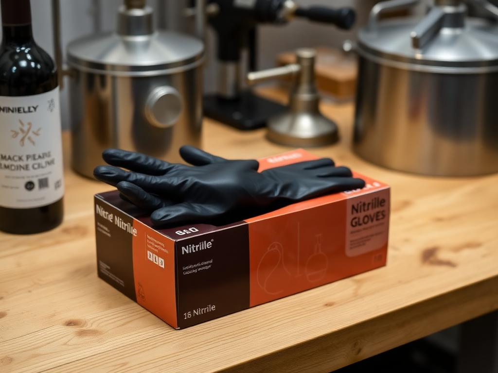 An open box of blue nitrile gloves next to a glass carboy