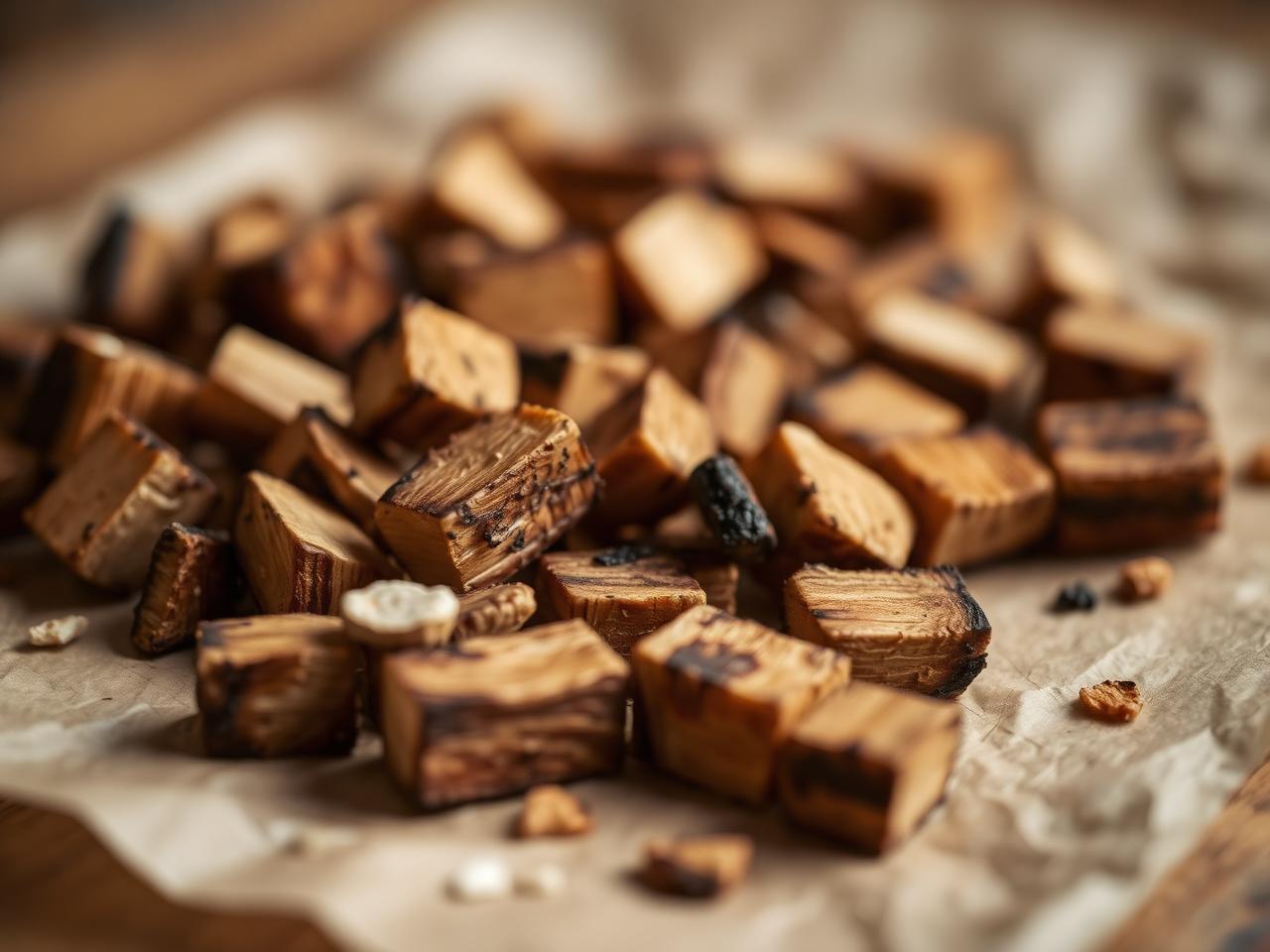 Macro close-up of toasted oak cubes scattered on butcher paper with beautiful charred edges