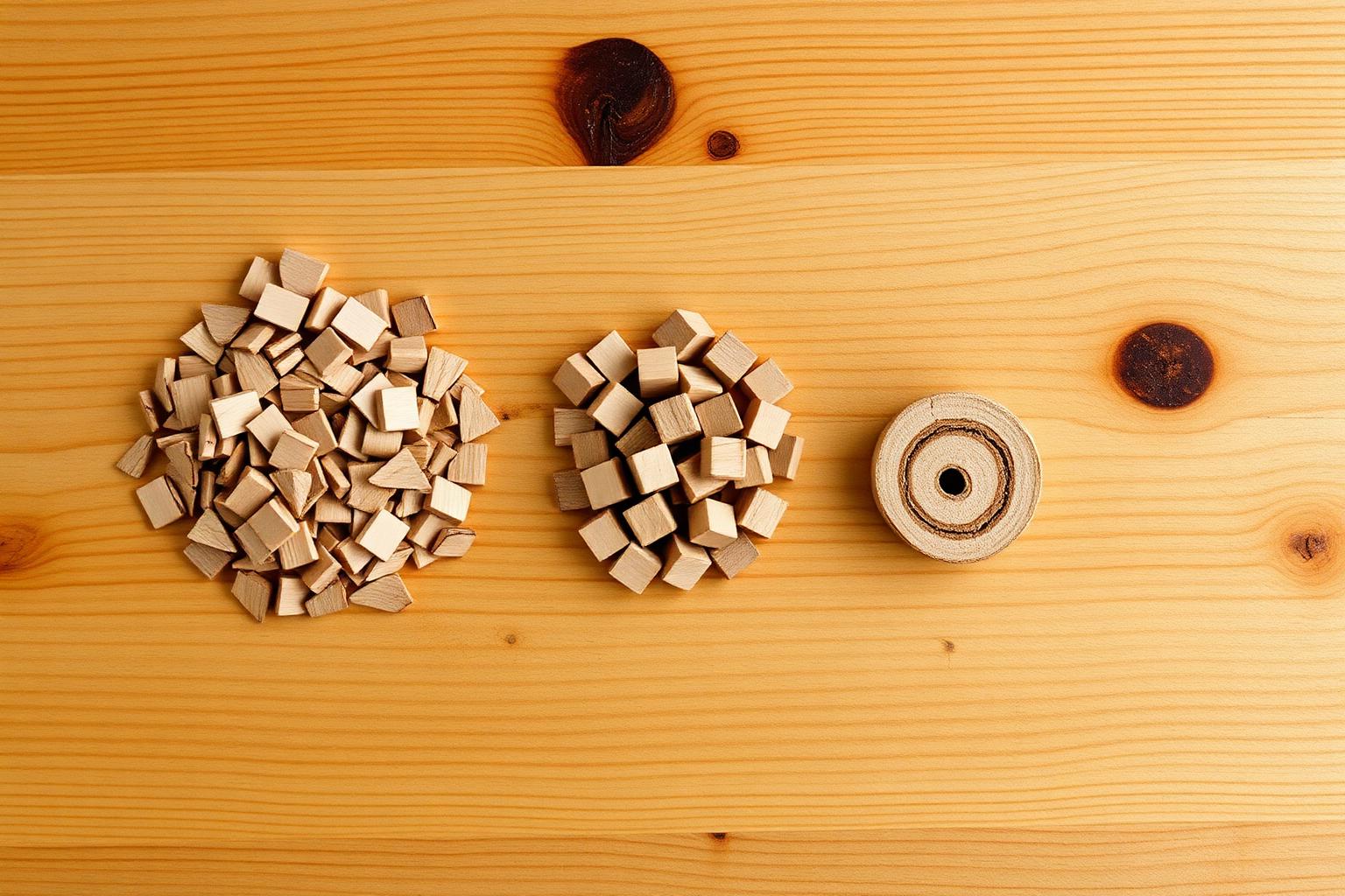 Top-down flat lay of three small piles on a wooden workbench: oak chips on the left, oak cubes in the middle, and a single oak spiral on the right
