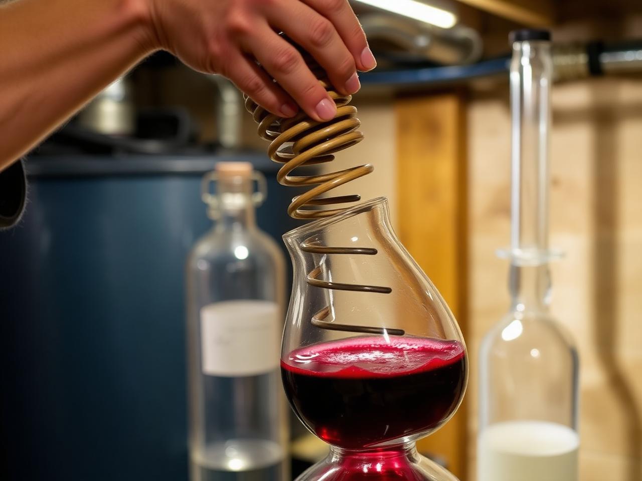 Hand lowering an oak spiral into a glass carboy of red wine in a basement workshop