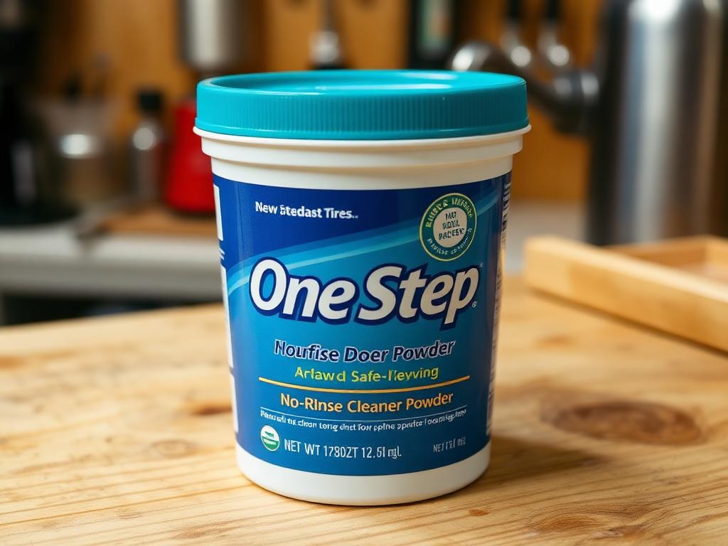 A tub of One Step no-rinse cleanser next to a measuring scoop on a stainless workbench