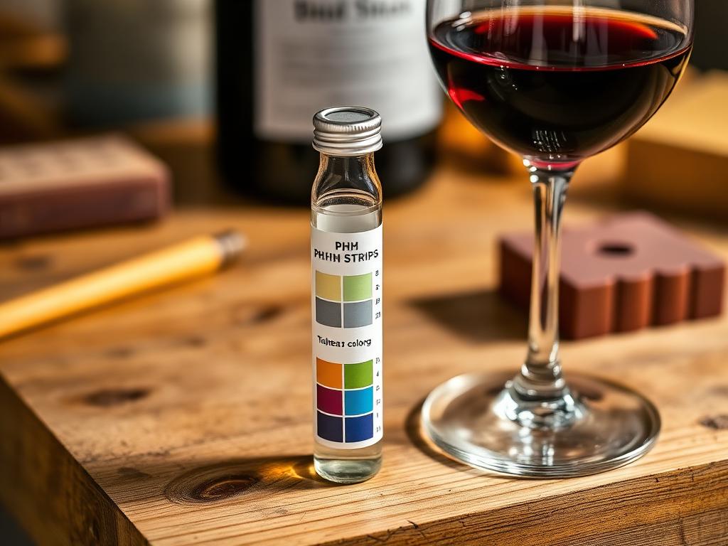 A vial of pH test strips with a color comparison chart beside a glass of wine