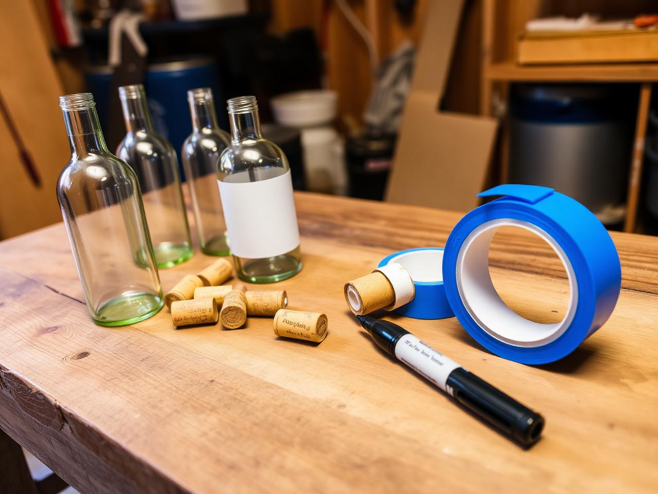 Wine bottles, corks, hand corker, blue painters tape and a sharpie marker on a wood table