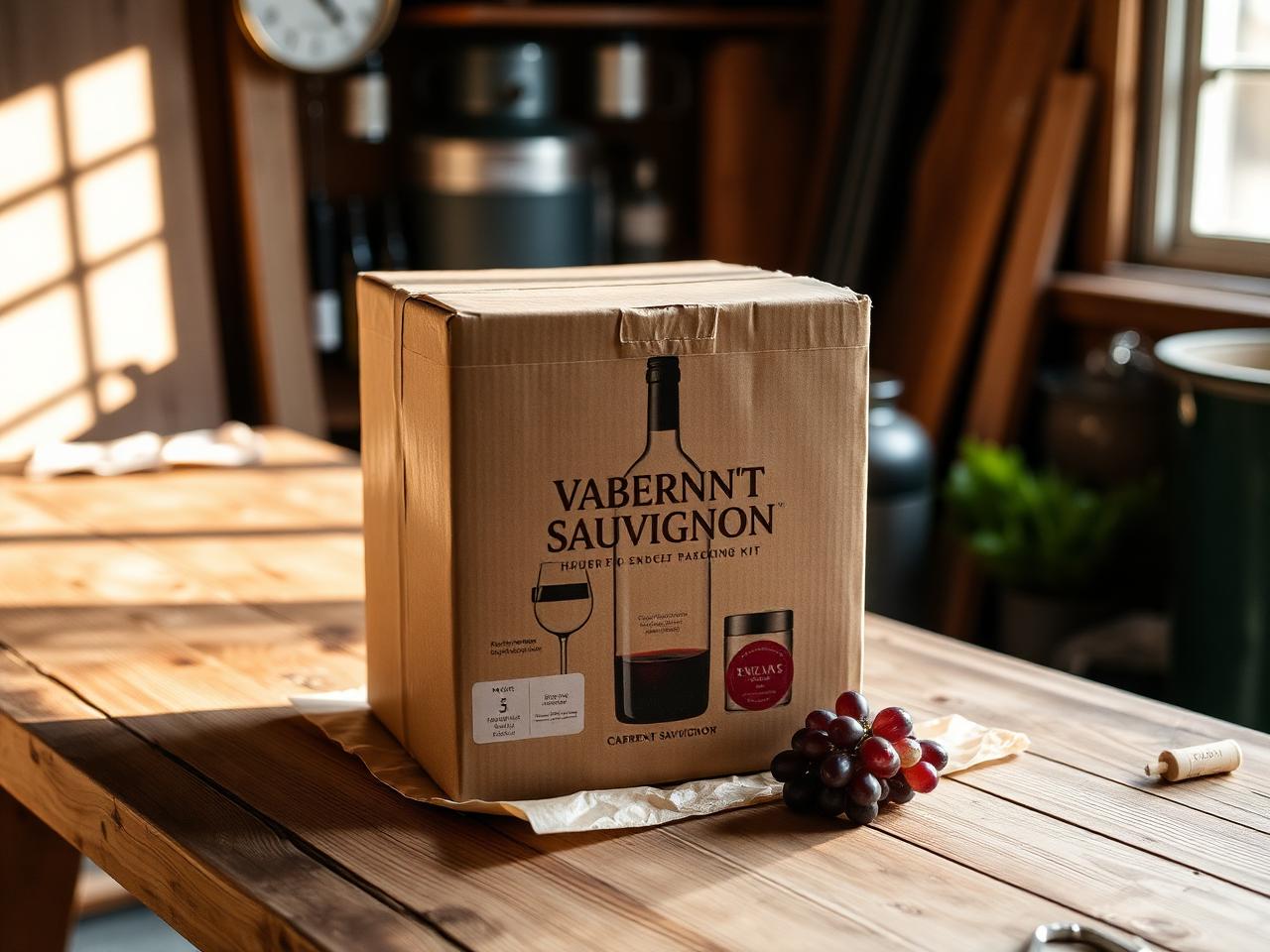 Cabernet Sauvignon home wine making kit on a rustic workshop table