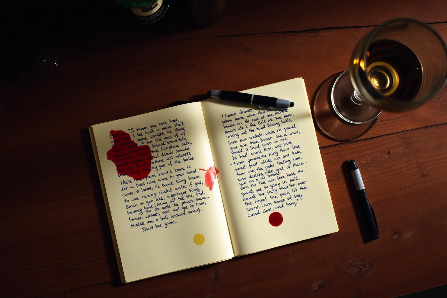 An open yellow legal pad covered in handwritten quotes, wine stains, and a sharpie next to a wine glass