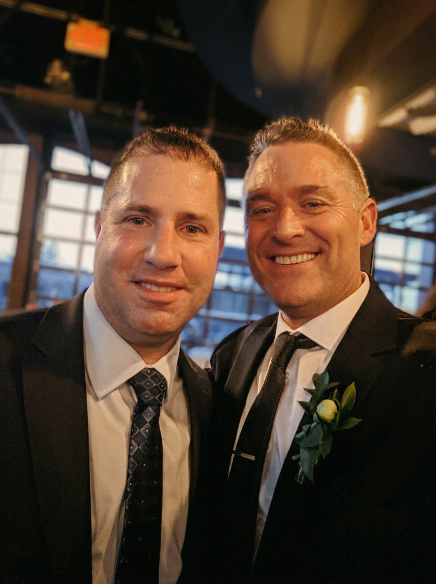 Russ (left) and Todd (right, with boutonnière) in tuxedos at Todd's 2021 wedding, warm editorial parchment tone