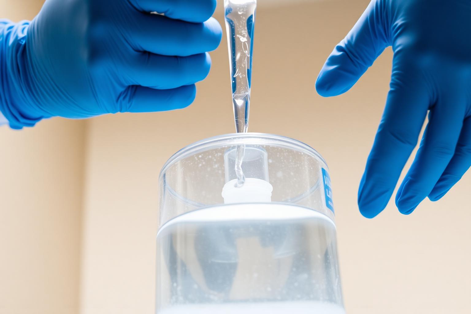 Hands in blue nitrile gloves rinsing a glass carboy with clear sanitizer solution under bright workshop light