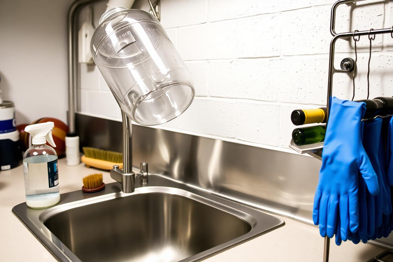 A clean basement workshop sink with a glass carboy draining upside down, a spray bottle of sanitizer, a soft brush, clean wine bottles, and rubber gloves drying nearby