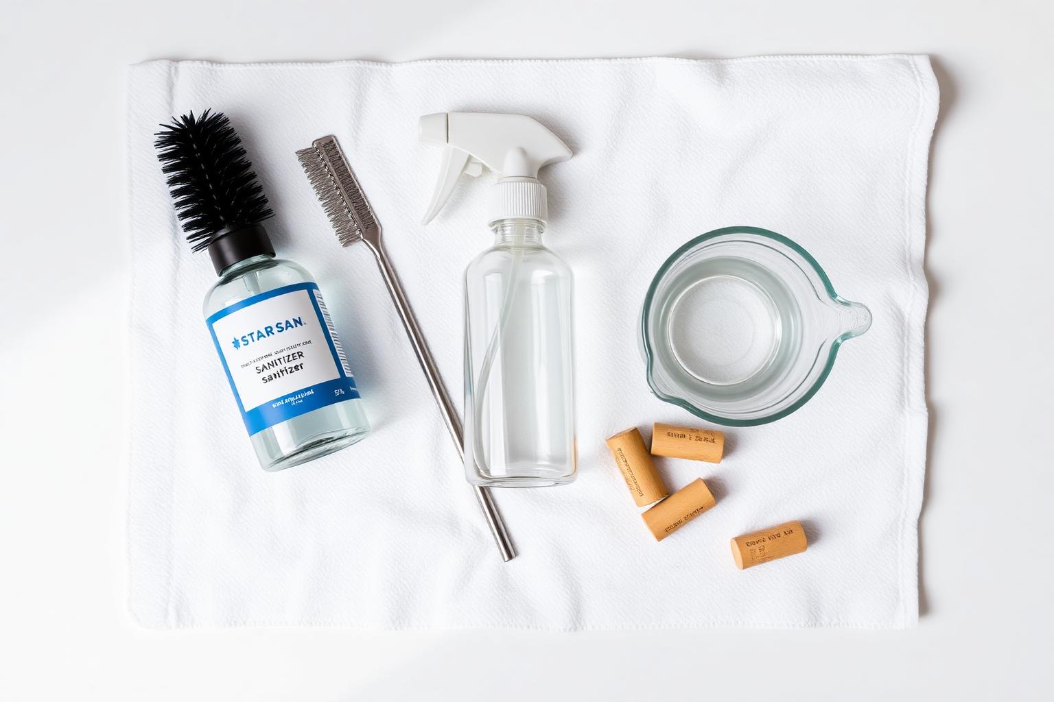 Top-down flat lay of sanitization tools: sanitizer bottle, bottle brush, spray bottle, measuring cup, and a few clean wine corks on a white towel