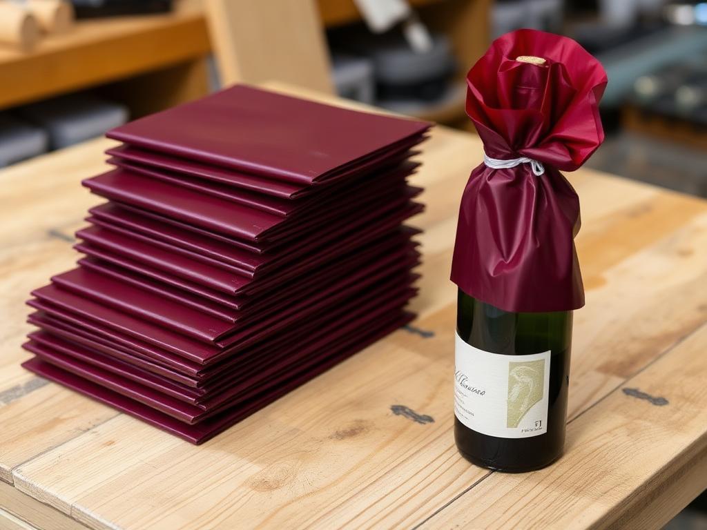 A stack of red and gold foil shrink capsules next to a bottle of homemade wine