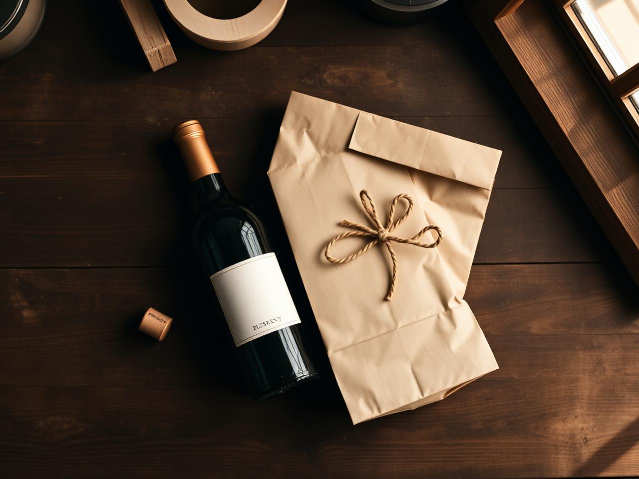A kraft paper single-bottle wine gift bag with twine bow next to a corked bottle