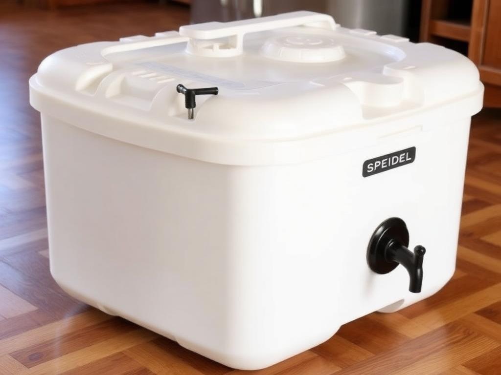 A large white Speidel plastic fermenter tank with spigot on a wooden floor