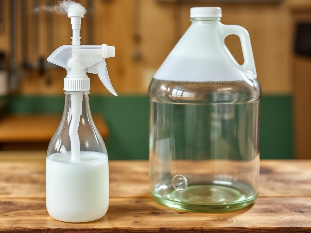 A clear plastic spray bottle labeled Star San on a wooden table
