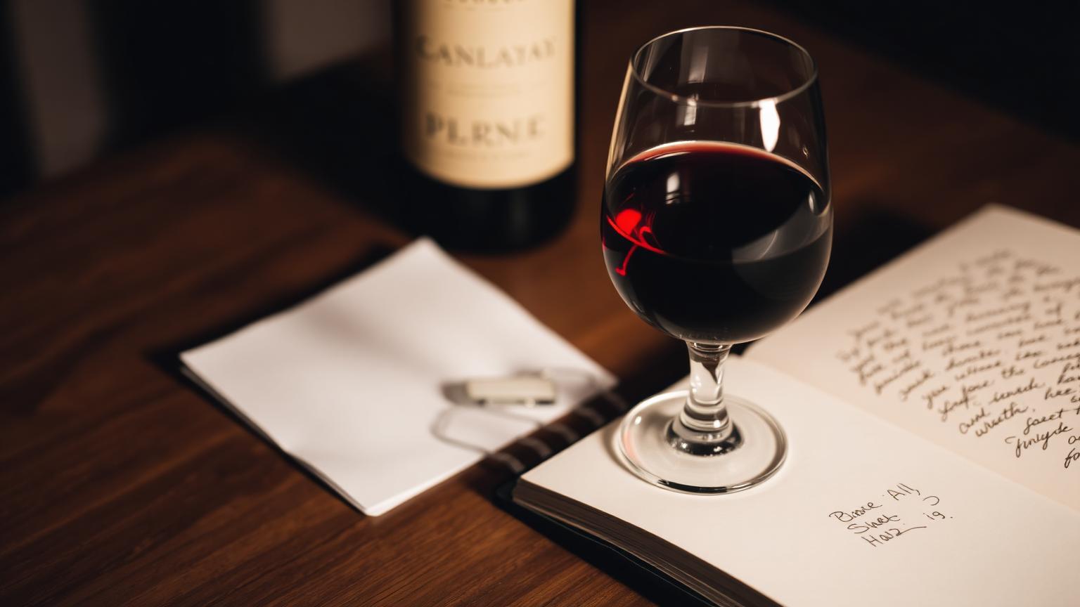 A single glass of red wine on a wooden table next to an open notebook with handwritten research notes
