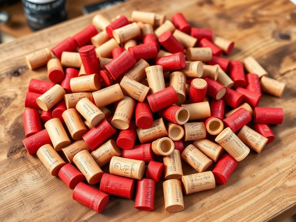 A bag of black and burgundy synthetic wine corks on a wooden table
