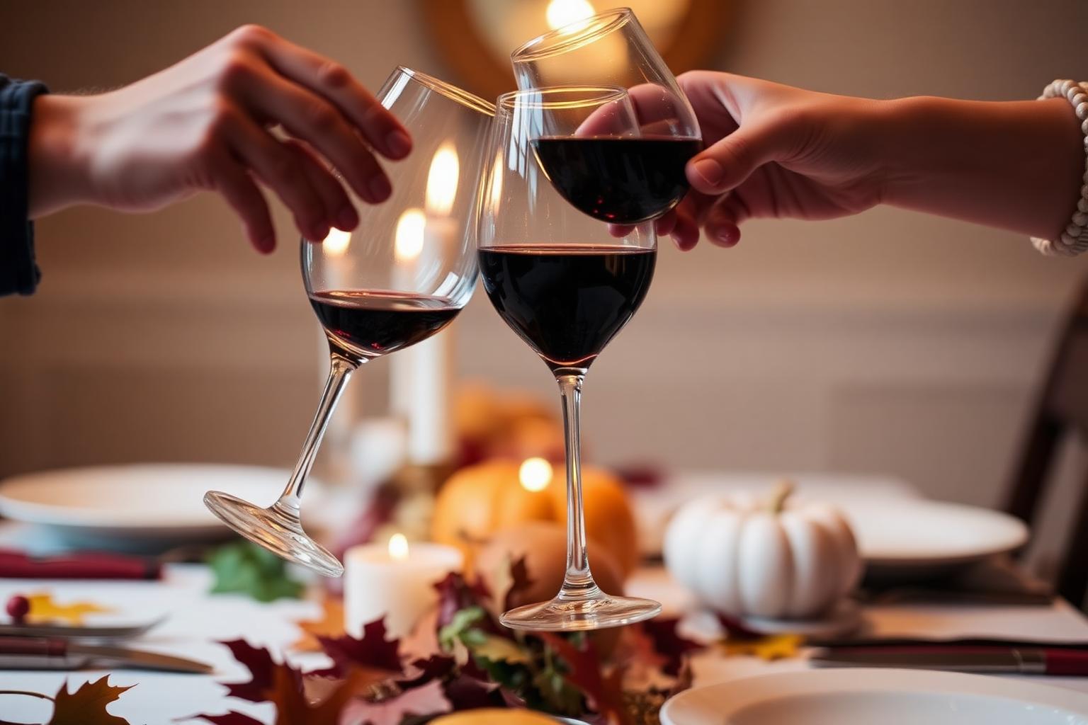 Two glasses of red wine being clinked over a Thanksgiving table with candles and autumn leaves.