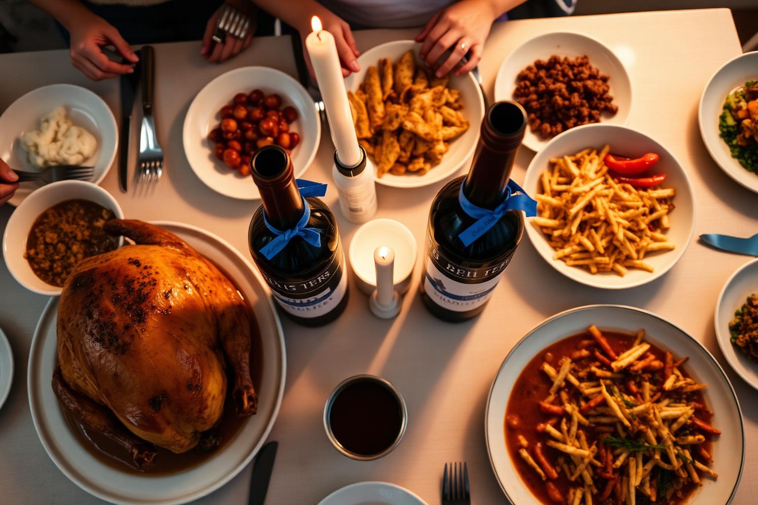 An overhead Thanksgiving table with a slightly overdone turkey, side dishes, and two open bottles of homemade red wine with blue tape labels.