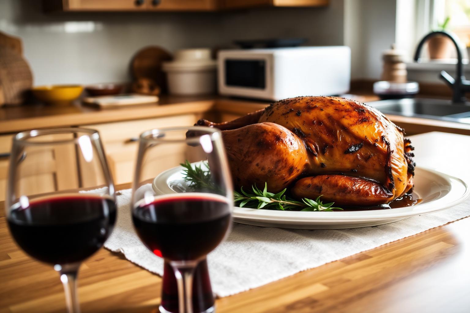 A slightly burnt roast turkey on a serving platter in a homey kitchen with two glasses of red wine in the foreground.