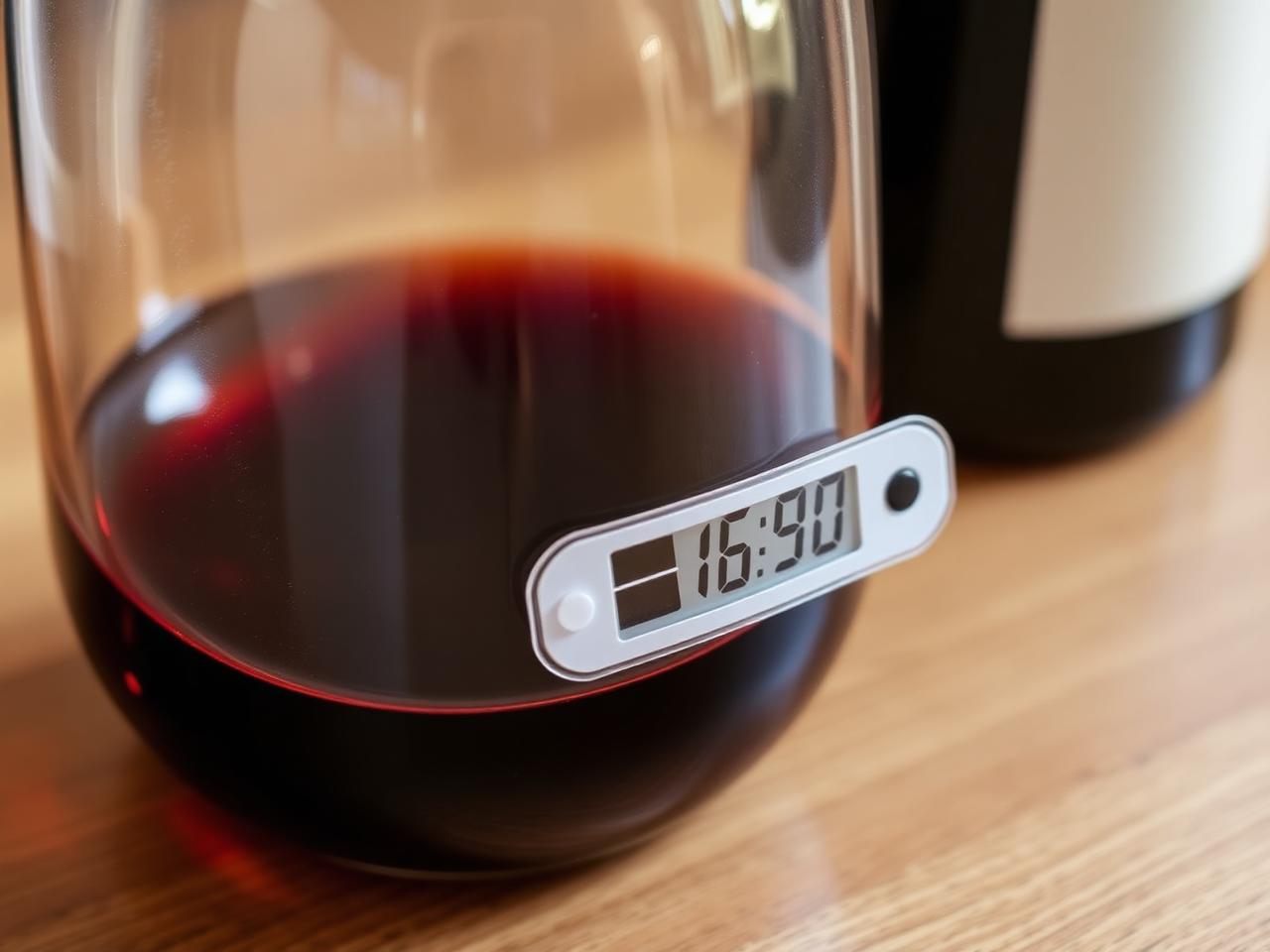 An adhesive liquid crystal thermometer strip on the side of a glass carboy of dark wine