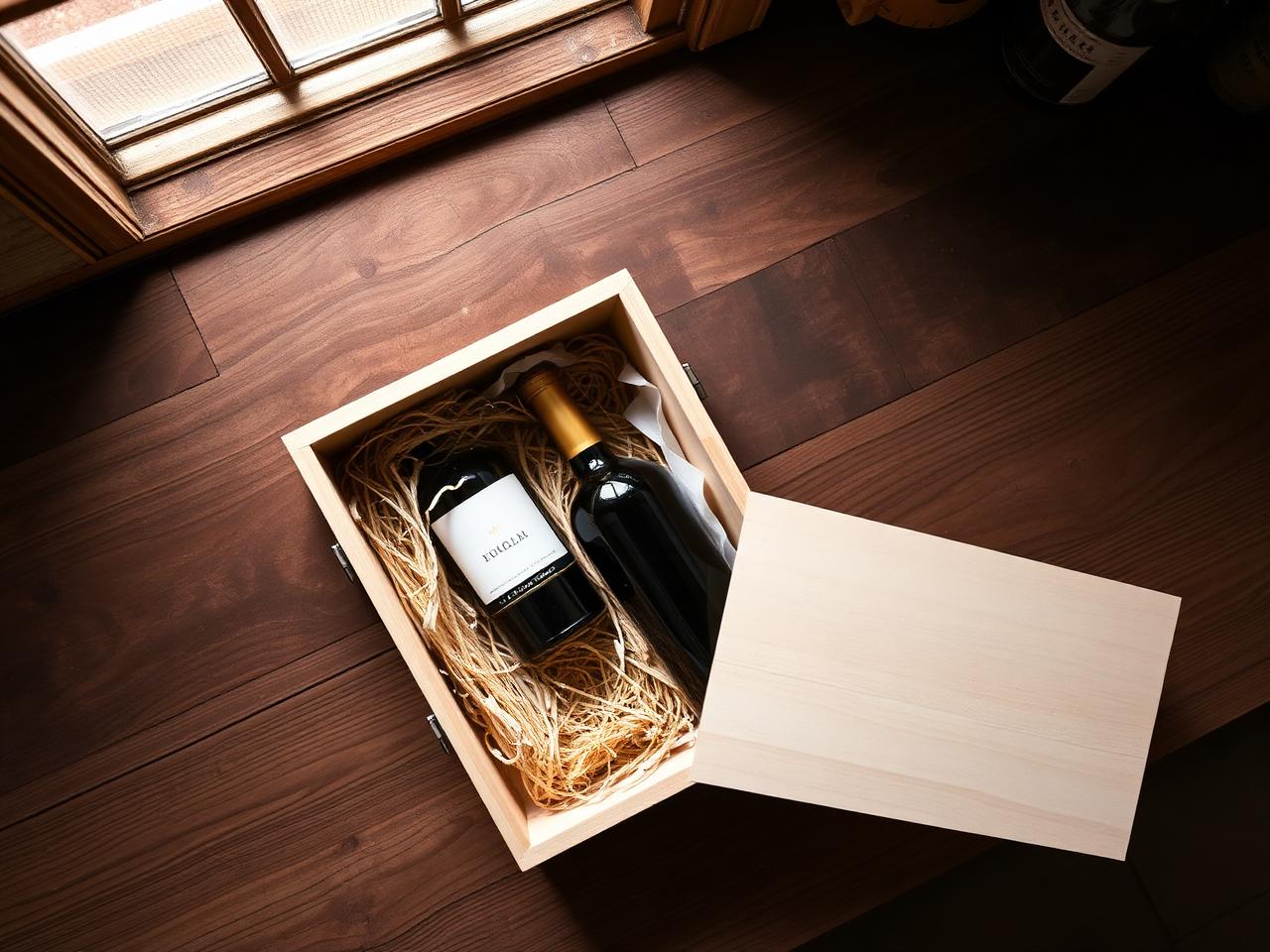 An open two-bottle wooden wine gift box with straw cushioning and corked bottles inside