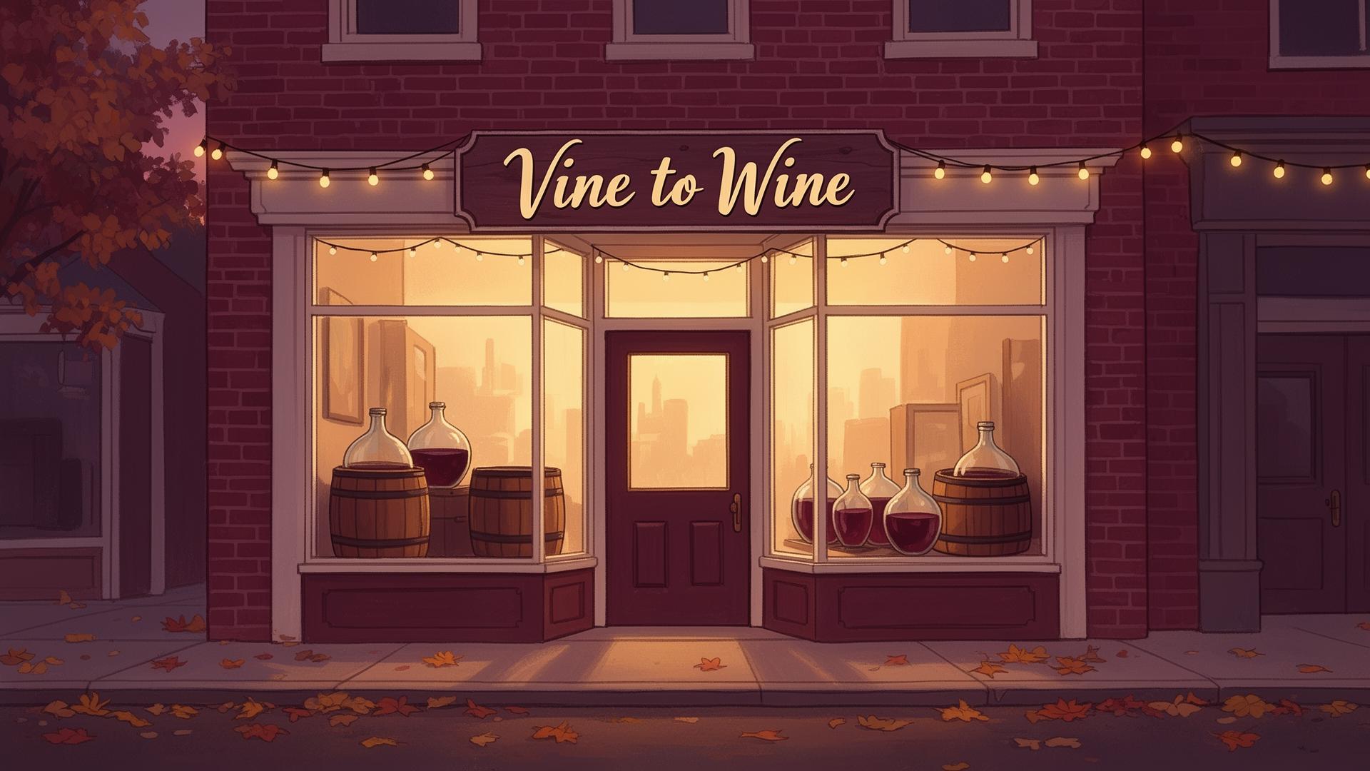 Illustration of the Vine to Wine storefront in Northville, Michigan at dusk, with warm window light, carboys and oak barrels visible inside, and autumn leaves on the sidewalk