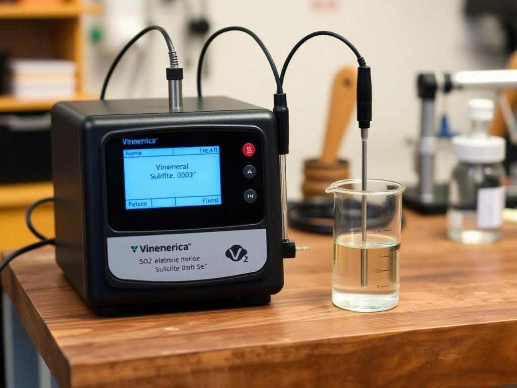 A Vinmetrica SC-300 SO2 sulfite analyzer device with electrode and sample beaker on a wooden workbench